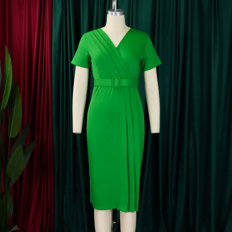 V-neck Short Sleeve Polyester Bodycon Dress