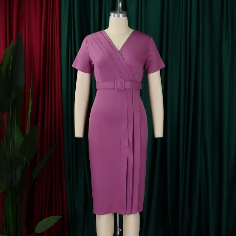 V-neck Short Sleeve Polyester Bodycon Dress