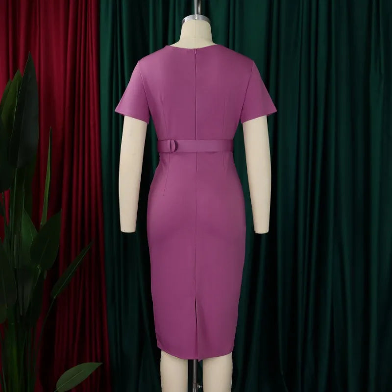 V-neck Short Sleeve Polyester Bodycon Dress