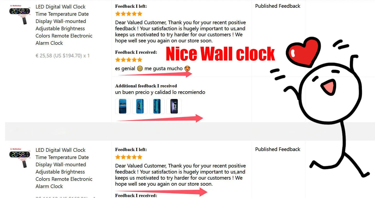 LED Digital Wall Clock Time Temperature Date Display