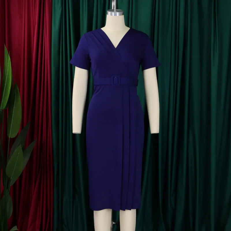V-neck Short Sleeve Polyester Bodycon Dress