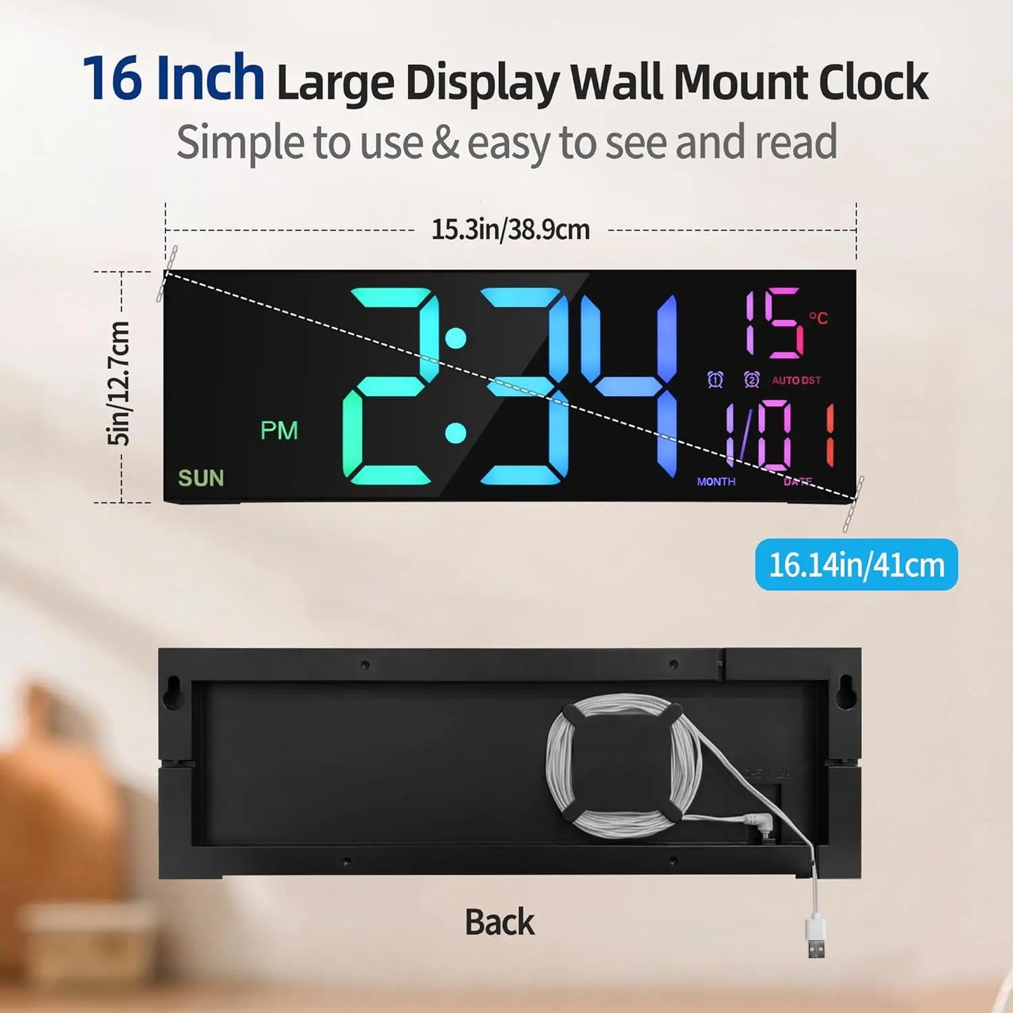 16.2'' Large Digital Wall Clock with Remote Control