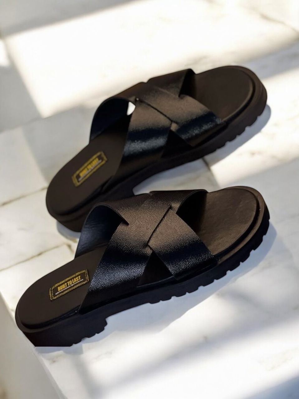 Black Leather Crossed Slippers