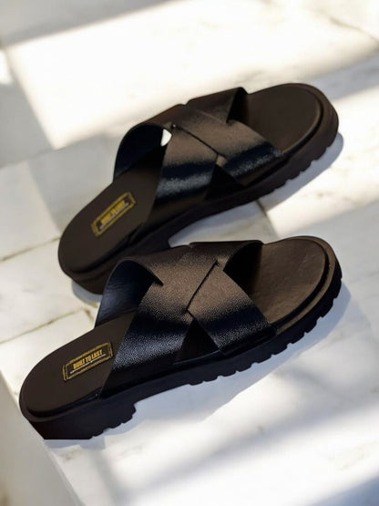 Black Leather Crossed Slippers