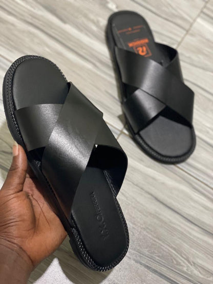 Black Leather Crossed Slippers