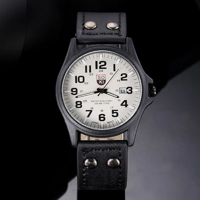 Leather Strap Number Dial Quartz Wristwatch