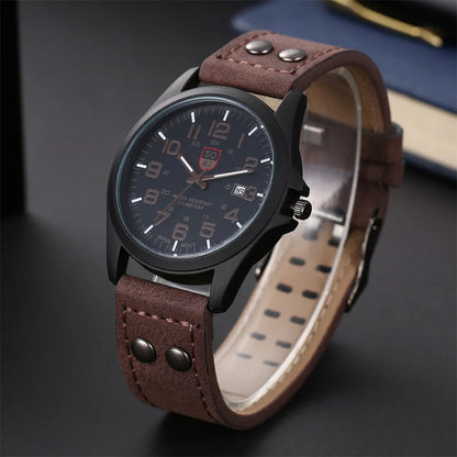 Leather Strap Number Dial Quartz Wristwatch