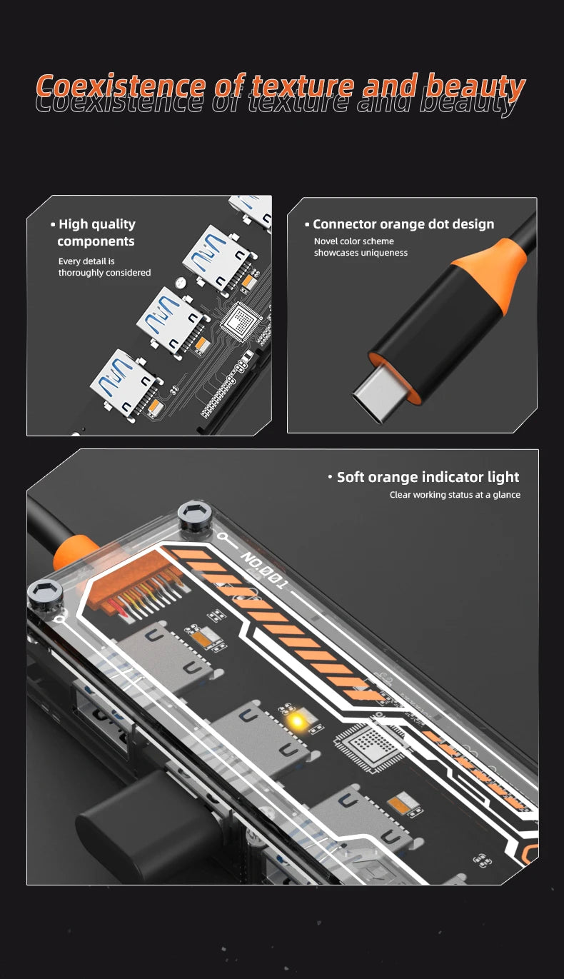 5 IN 1 Transparent USB C HUB USB Splitter