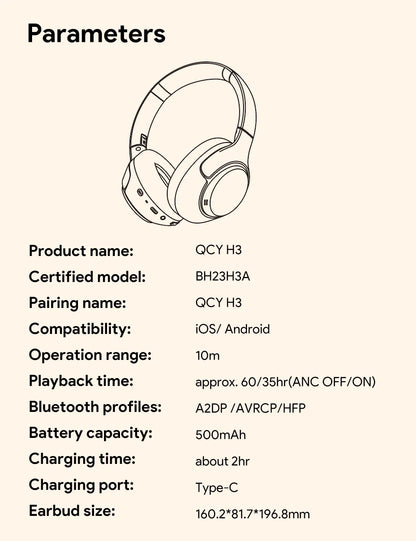 QCY H3 ANC Wireless Headphones Bluetooth