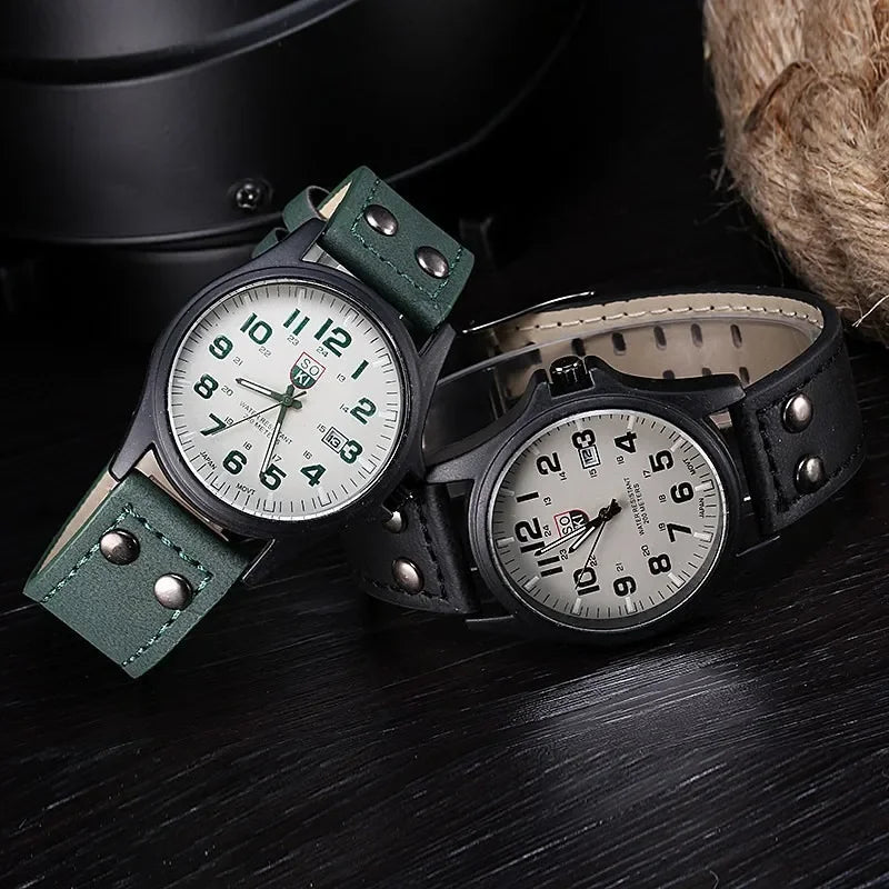 Leather Strap Number Dial Quartz Wristwatch