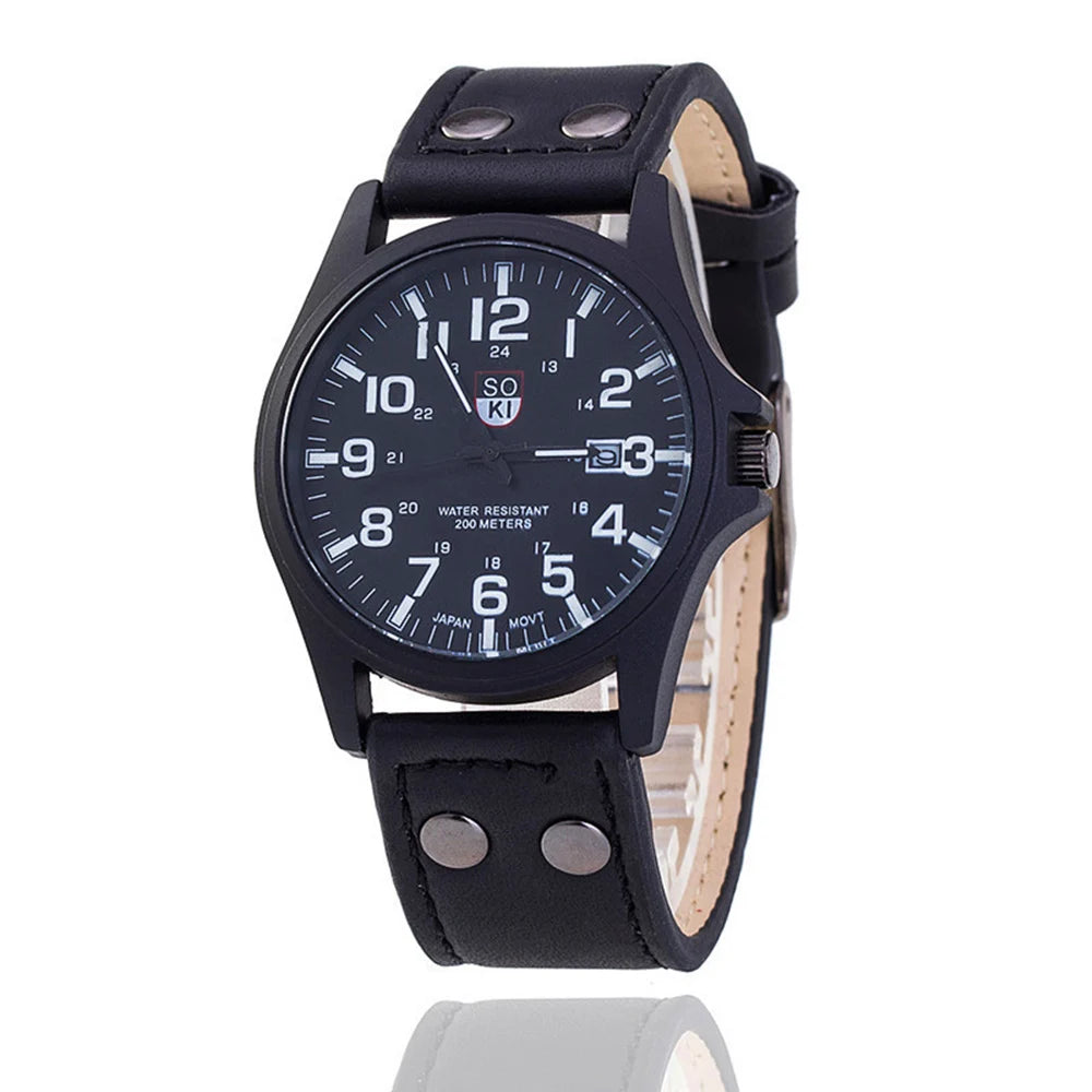 Leather Strap Number Dial Quartz Wristwatch