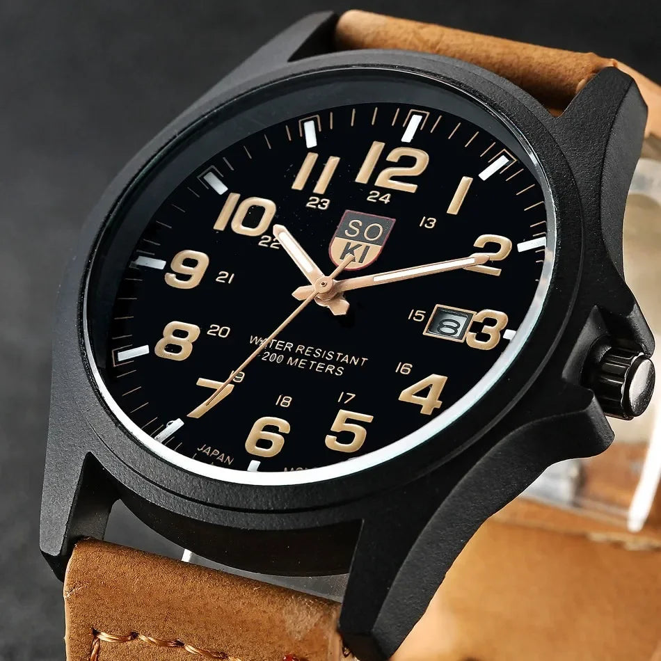 Leather Strap Number Dial Quartz Wristwatch