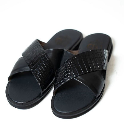 Neo Black Leather Crossed Slippers