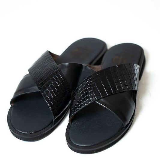 Neo Black Leather Crossed Slippers