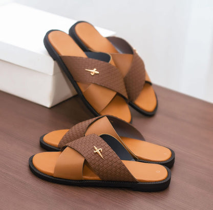 Brown Leather Crossed Slippers